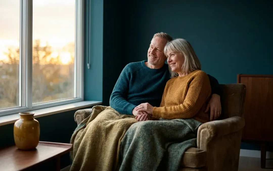 Pareja madura abrazada junto a la ventana al atardecer, imagen editorial sobre la dapoxetina y la eyaculación precoz