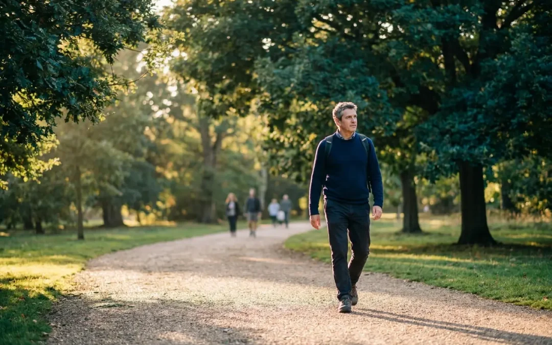 Hombre de unos cincuenta años caminando por un parque al atardecer, ejercicio regular como parte del control de la diabetes y la disfunción eréctil
