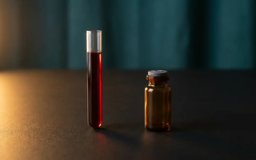 Tubo de analítica de sangre y vial de testosterona sobre superficie oscura, terapia sustitutiva con testosterona