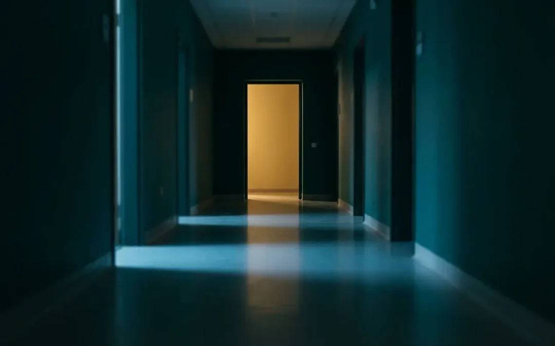 Pasillo de urgencias hospitalarias de noche con luz cálida al fondo, priapismo como urgencia urológica