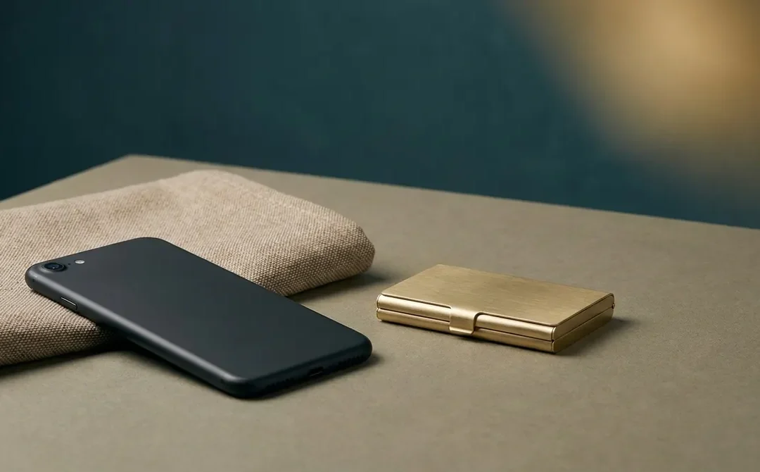Teléfono móvil y estuche compacto sobre una superficie neutra, composición minimalista
