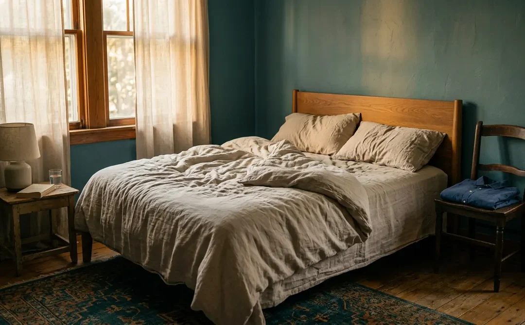 Dormitorio con cama deshecha y luz suave de primera hora de la mañana