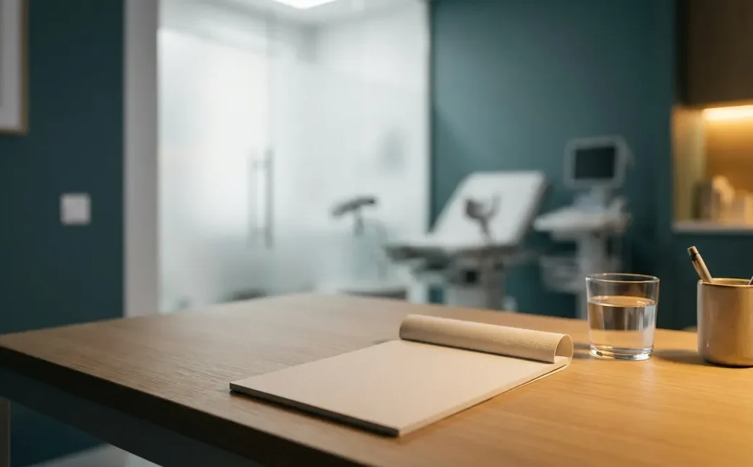 Consulta de urología con mesa despejada, cuaderno en blanco y vaso de agua, ambiente discreto