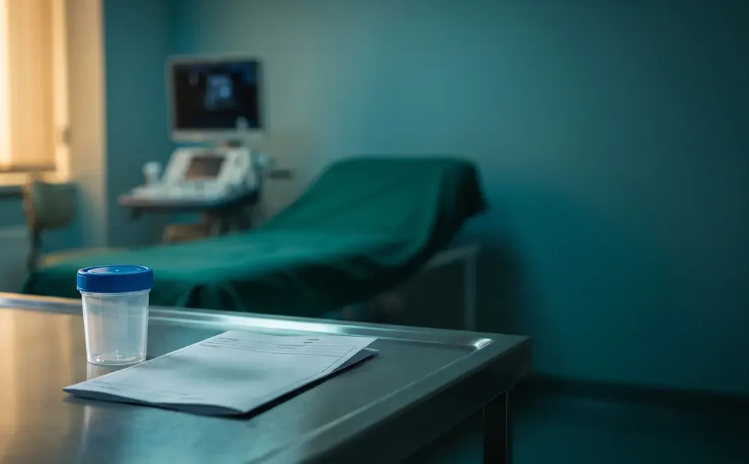 Bote de muestra de orina y volante de análisis sobre encimera clínica en una consulta de urología, diagnóstico de la prostatitis
