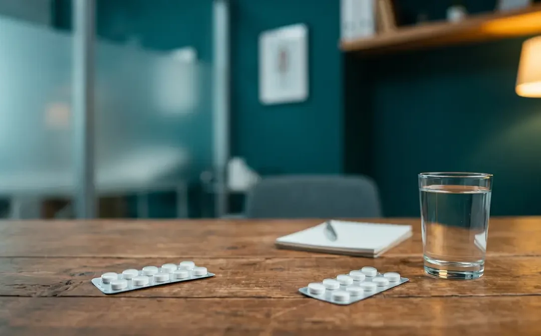 Blíster de comprimidos y vaso de agua sobre una mesa de madera en una consulta médica, tratamiento de la prostatitis