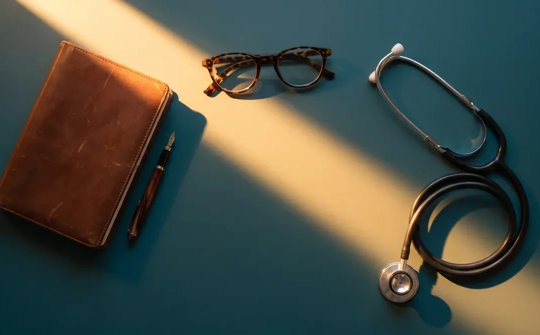 Eyacular y próstata: mesa de consulta con fonendoscopio, gafas y cuaderno sobre fondo verde azulado