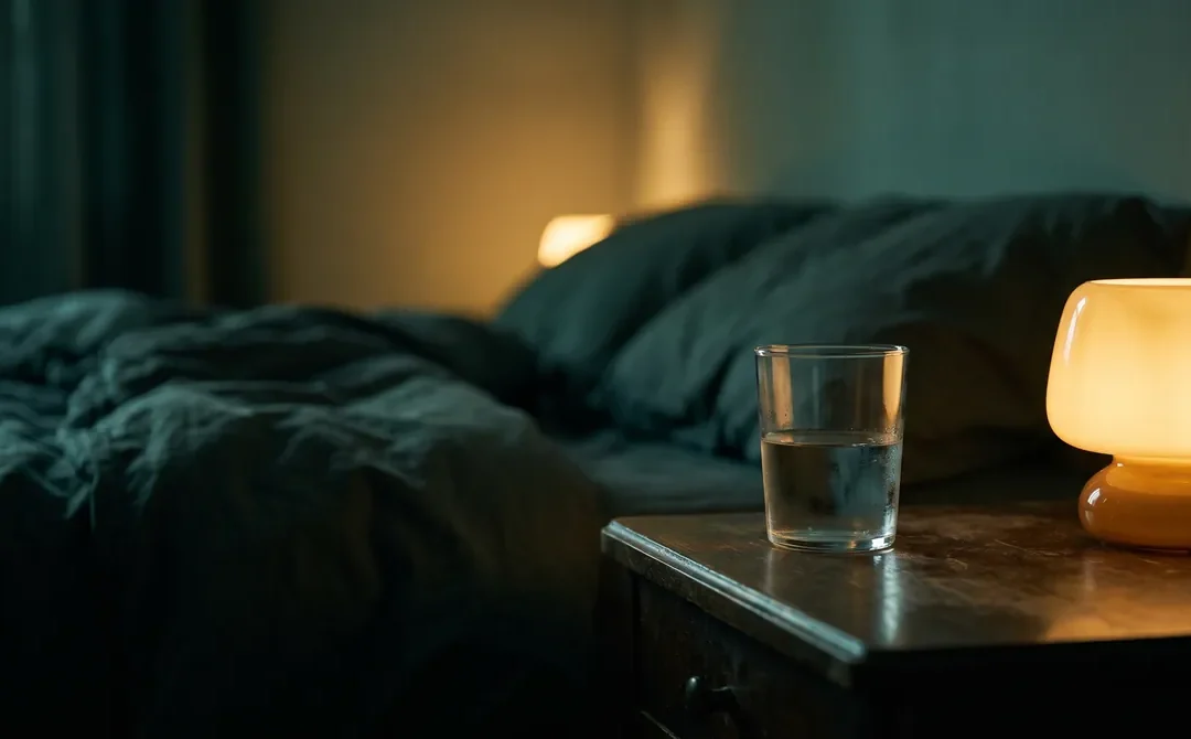 Próstata agrandada: vaso de agua en una mesilla de noche, imagen que ilustra levantarse a orinar por la noche