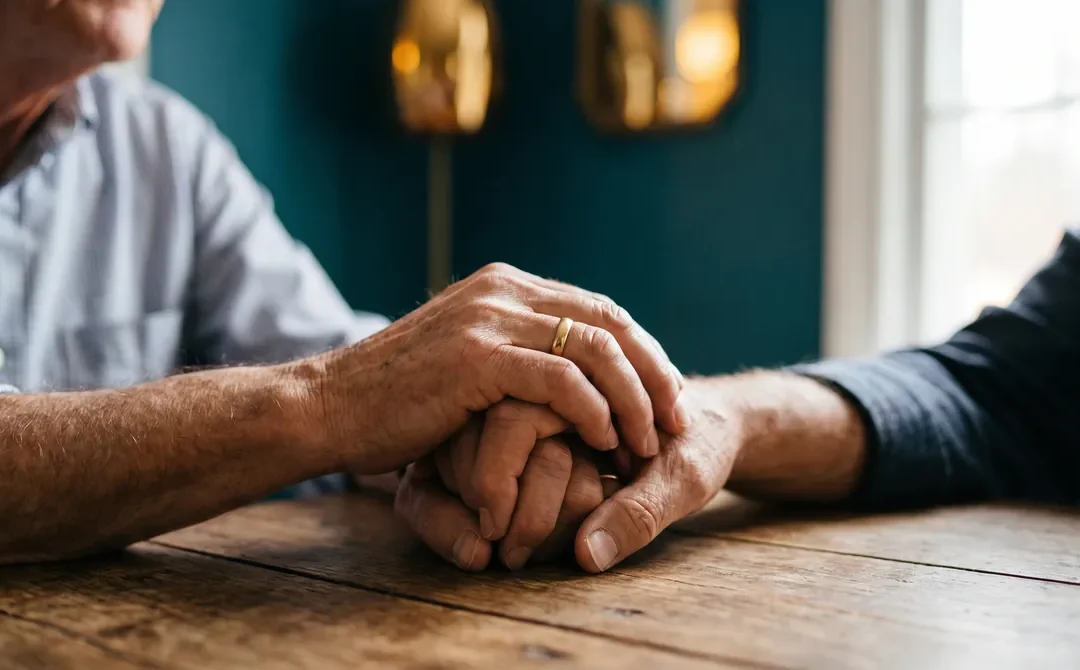 Sexo después de una prostatectomía: manos de una pareja mayor apoyadas juntas sobre una mesa
